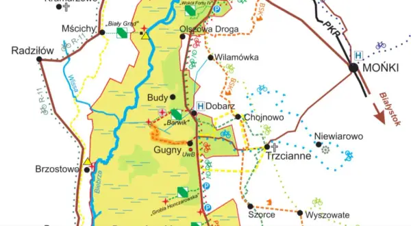 Mapa szlaków rowerowych i pieszych w Biebrzańskim Parku Narodowym, największym parku narodowym w Polsce.