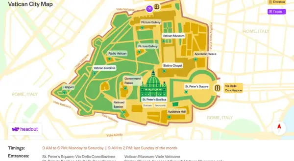 Mapa Watykanu pokazuje gdzie jest Watykan, jego muzea, Kaplicę Sykstyńską, Bazylikę św. Piotra i ogrody.