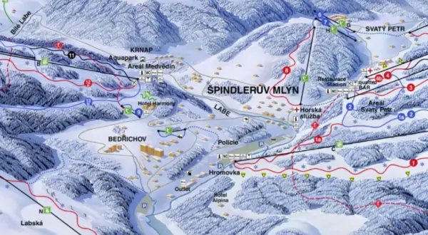 Mapa zimowych atrakcji Szpindlerowy Młyn: trasy narciarskie, wyciągi, hotele, aquapark i restauracje.