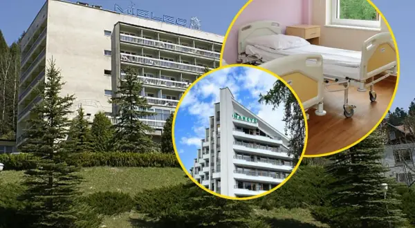 Sanatoria w Polsce, jak te na zdjęciu, mogą budzić wątpliwości. Widok łóżka szpitalnego i budynków sugeruje, że to jedne z najgorszych sanatoriów w Polsce.