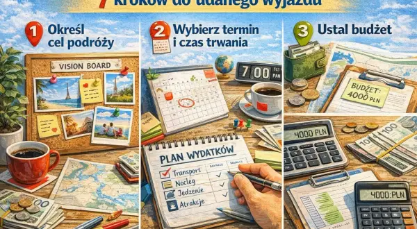 Planowanie wyjazdu, np. gdzie w góry świętokrzyskie: ustal cel, termin, budżet. Vision board, kalendarz, notatnik z wydatkami, kalkulator.