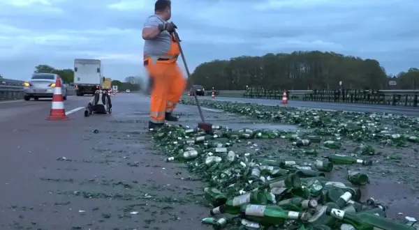 Drogi z butelkami piwa, z czym kojarzą się Niemcy. Pracownik w pomarańczowym kombinezonie sprząta autostradę.