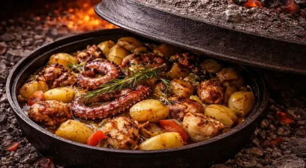 Ośmiornica z ziemniakami i rozmarynem, gotowana pod żarem. Prawdziwy smak kuchni chorwackiej.
