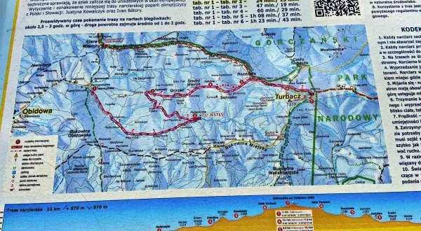 Mapa tras narciarskich w Gorcach, z zaznaczonymi szlakami na Turbacz i Obidową.
