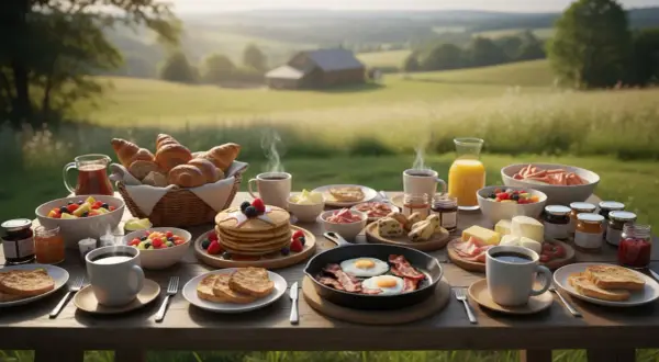 Obfite śniadanie na łonie natury, jak w ofercie all inclusive Polska: świeże pieczywo, owoce, jajka, bekon i kawa.
