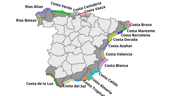 Mapa Hiszpanii z zaznaczonymi regionami turystycznymi: Costa Brava, Costa Dorada, Costa de la Luz i inne.