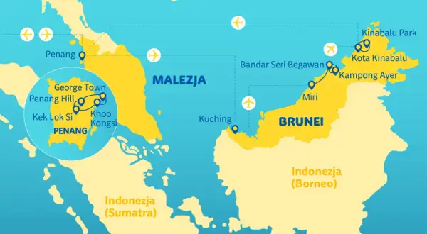 Mapa pokazuje, gdzie leży Malezja, z zaznaczonymi miastami jak Penang, George Town, Kuching, Kota Kinabalu. Widać też Tajlandię, Brunei i Indonezję.