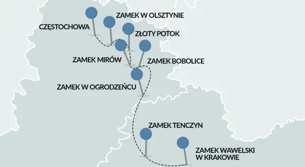 Mapa turystyczna z zaznaczonymi zamkami na Szlaku Orlich Gniazd: Częstochowa, Olsztyn, Złoty Potok, Mirów, Bobolice, Ogrodzieniec, Tenczyn, Wawel w Krakowie.