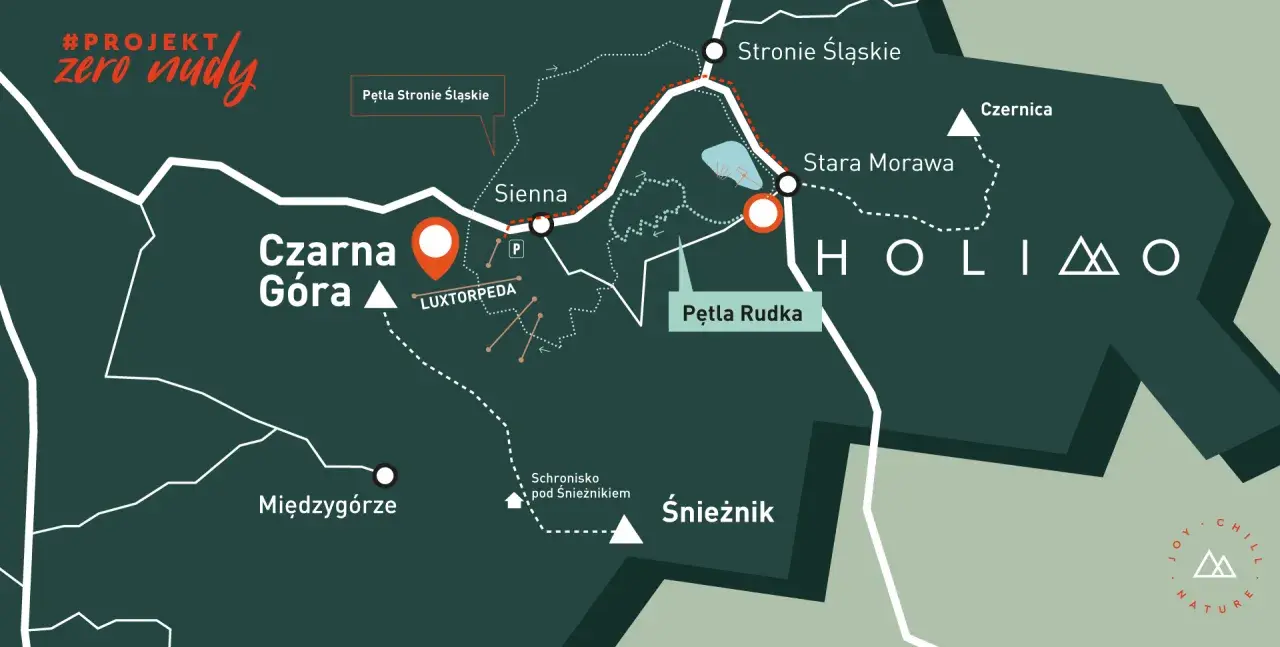 Mapa szlaku #PROJEKT zero nudy. Widoczna Czarna Góra, Śnieżnik, Stronie Śląskie, Międzygórze, Pętla Rudka i inne punkty.