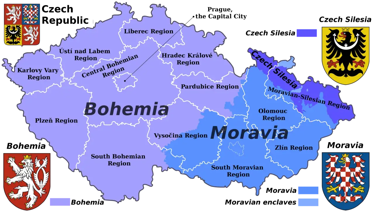 Mapa Czech z zaznaczonymi regionami. Gdzie jest Brno? W regionie Morawii Południowej, na wschód od Czech.