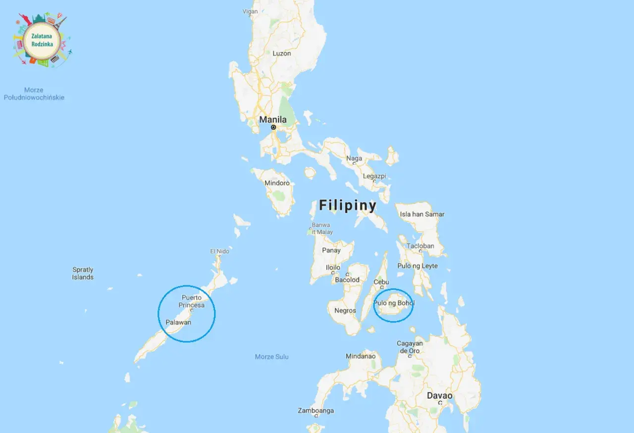 Mapa pokazuje, gdzie leżą Filipiny, z zaznaczonymi wyspami Luzon, Palawan i Mindanao, a także miastami Manila i Cebu.