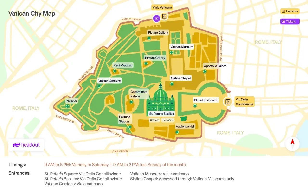 Mapa Watykanu pokazuje gdzie jest Watykan, jego muzea, Kaplicę Sykstyńską, Bazylikę św. Piotra i ogrody.