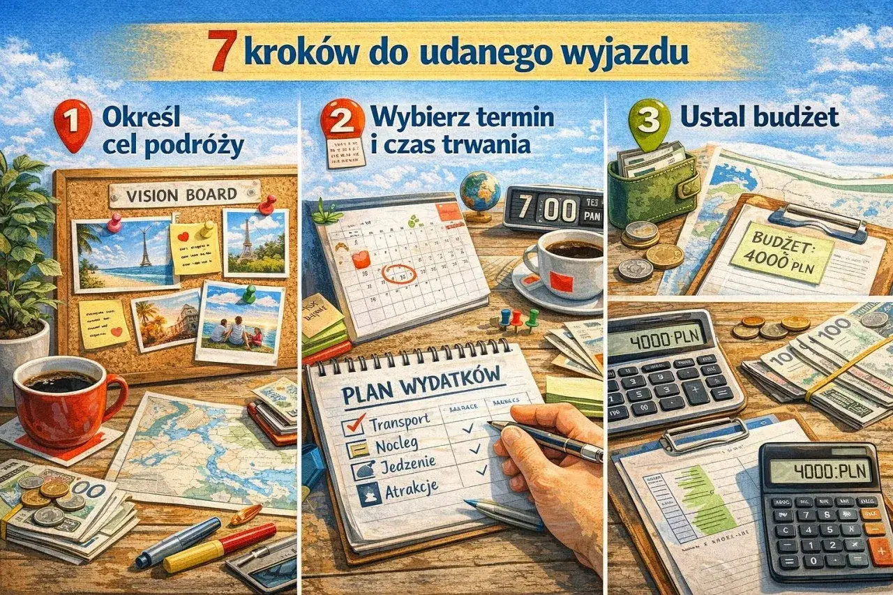Planowanie wyjazdu, np. gdzie w góry świętokrzyskie: ustal cel, termin, budżet. Vision board, kalendarz, notatnik z wydatkami, kalkulator.