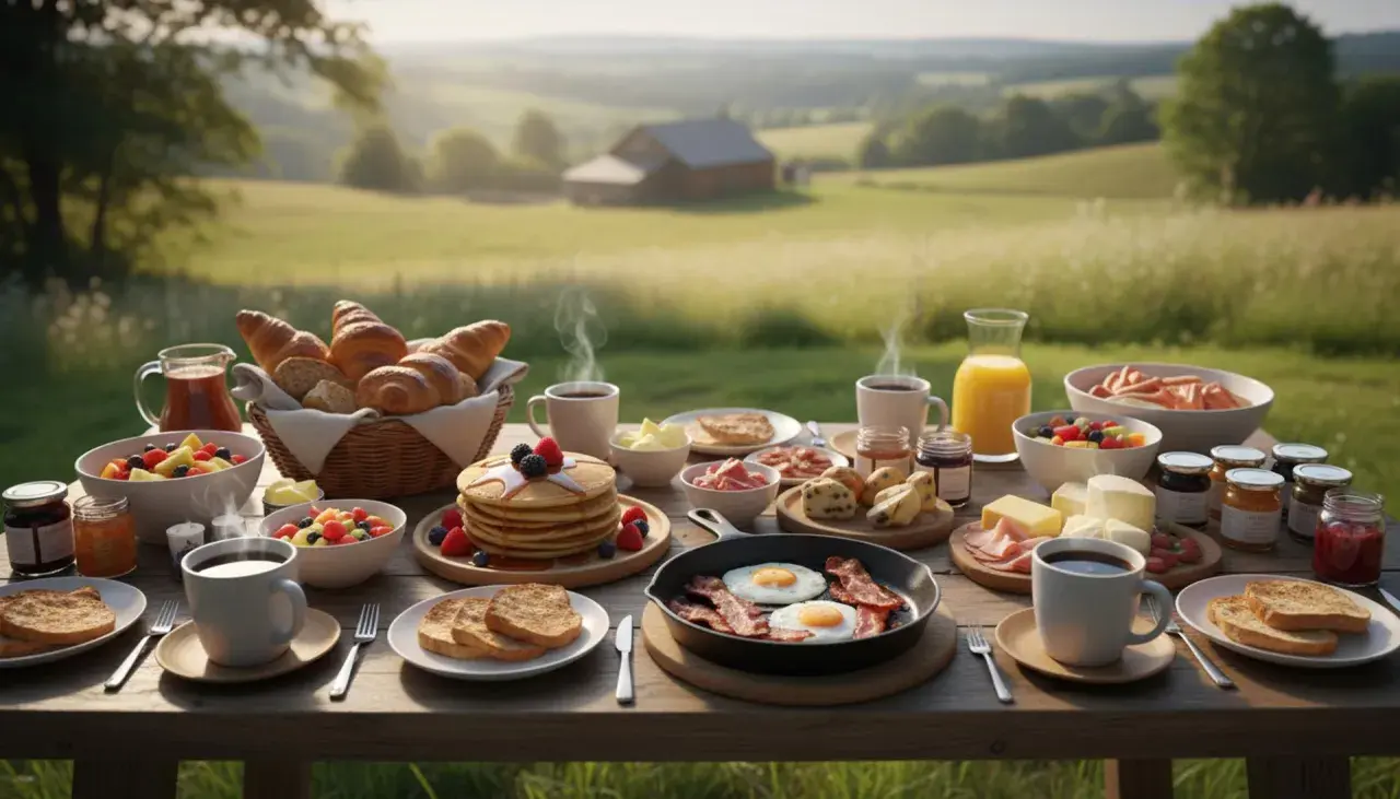 Obfite śniadanie na łonie natury, jak w ofercie all inclusive Polska: świeże pieczywo, owoce, jajka, bekon i kawa.