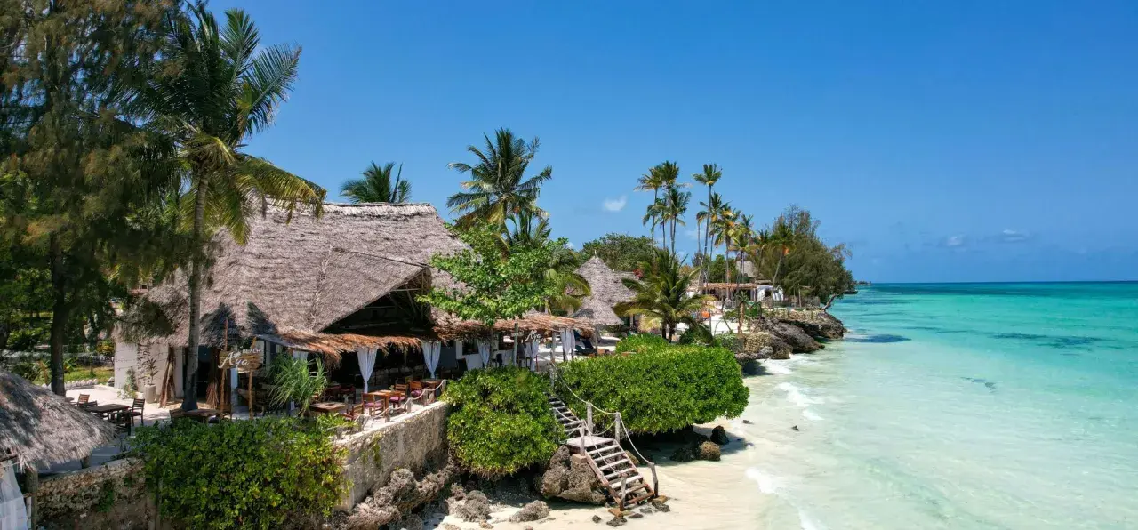 Rajski widok na Zanzibar, idealny czas na wakacje. Tropikalna plaża z palmami, kamiennymi schodkami i restauracją pod strzechą.