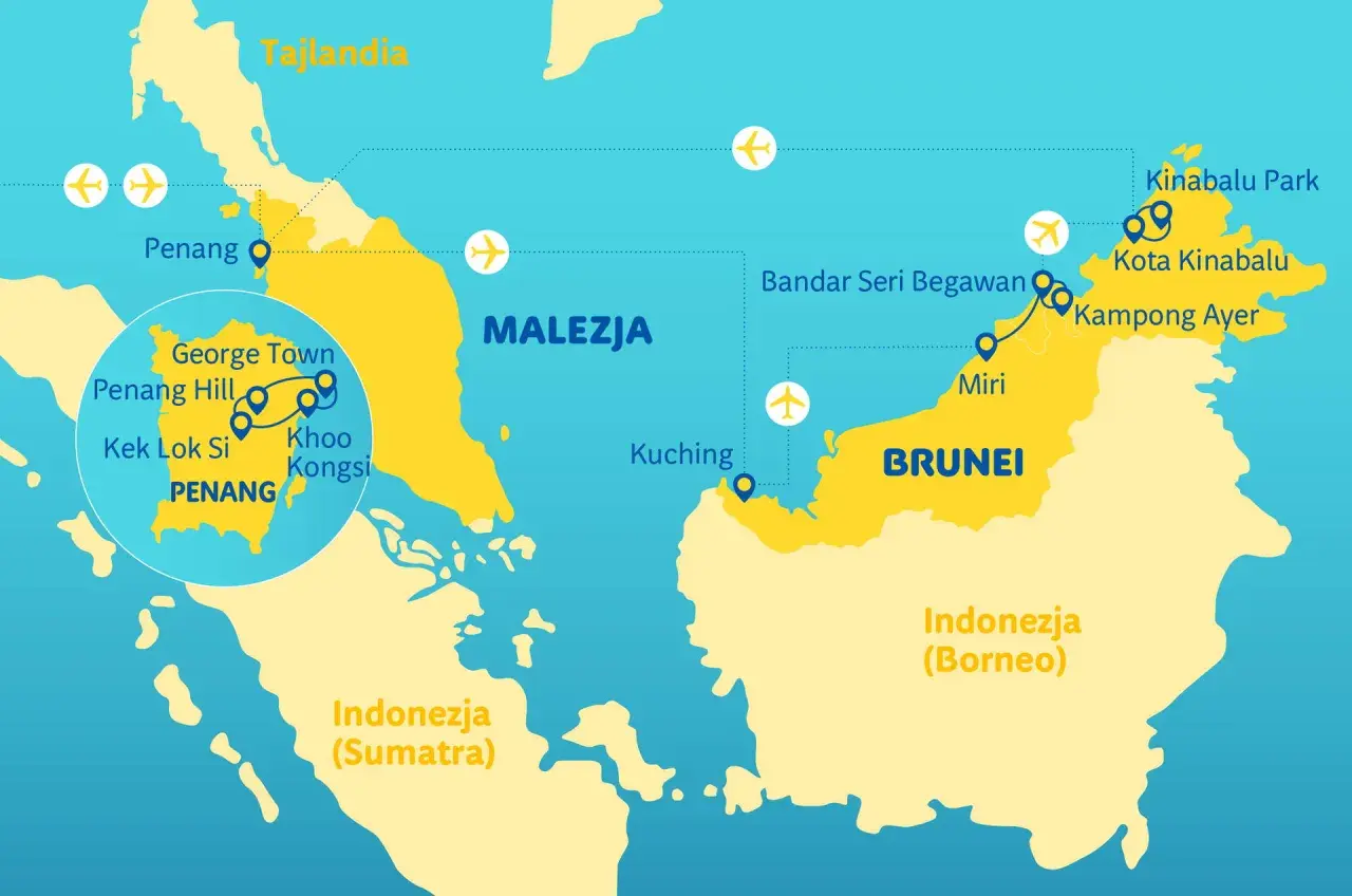 Mapa pokazuje, gdzie leży Malezja, z zaznaczonymi miastami jak Penang, George Town, Kuching, Kota Kinabalu. Widać też Tajlandię, Brunei i Indonezję.