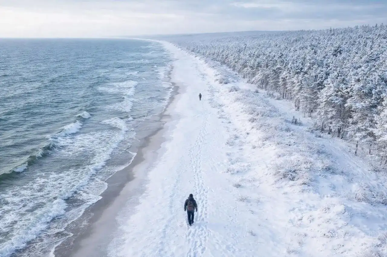 Spacerem po zaśnieżonej plaży, gdzie zimą nad morze, widać fale i las pokryty śniegiem.