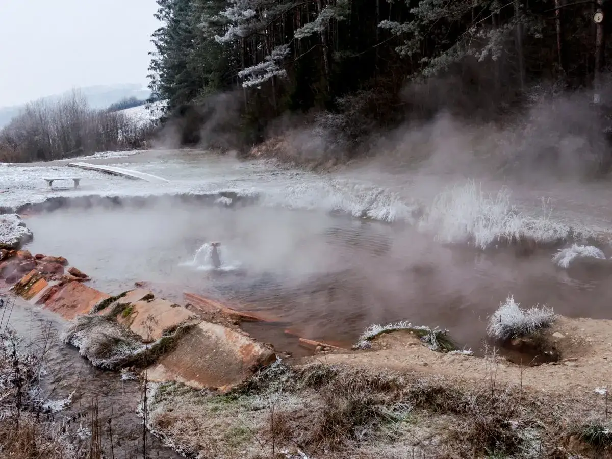 Dzikie gorące źródła Słowacja, para unosi się nad wodą, otoczoną mrozem i lasem.