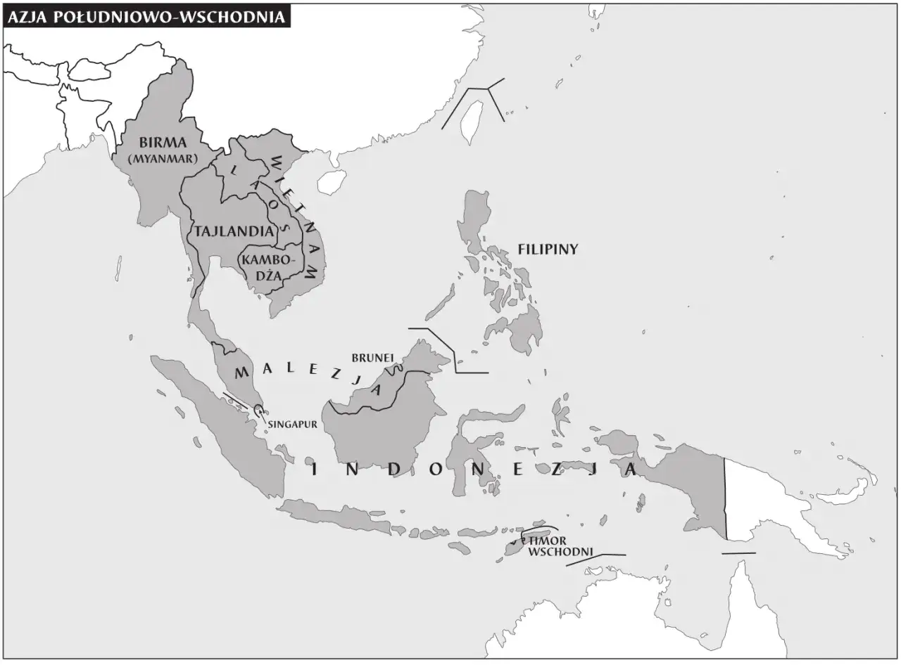Mapa Azji Południowo-Wschodniej. Malezja leży na półwyspie Malajskim i części Borneo, między Tajlandią a Singapurem.