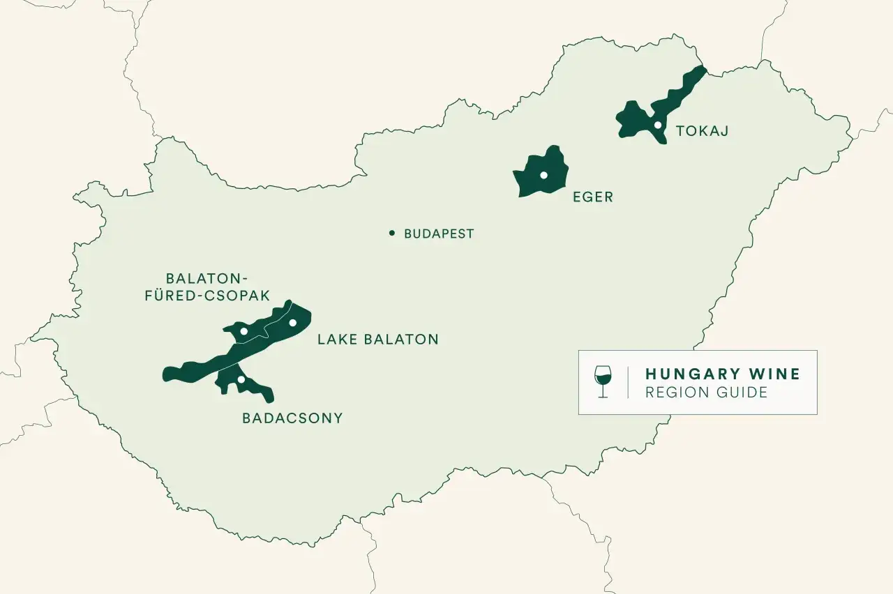 Mapa Węgier z zaznaczonymi regionami winiarskimi: Balaton, Eger, Tokaj. Planujesz podróż, gdzie na Węgry?