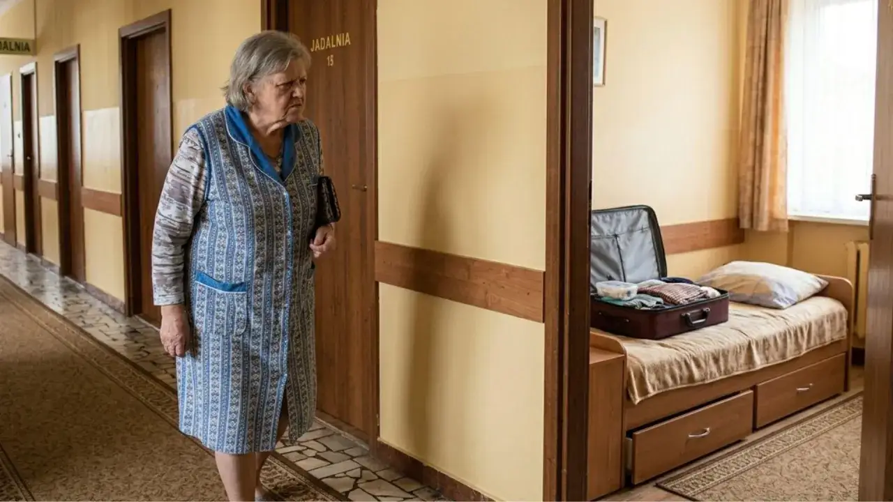 Starsza kobieta wchodzi do pokoju w jednym z najgorszych sanatoriów w Polsce. Walizka otwarta na łóżku czeka na rozpakowanie.