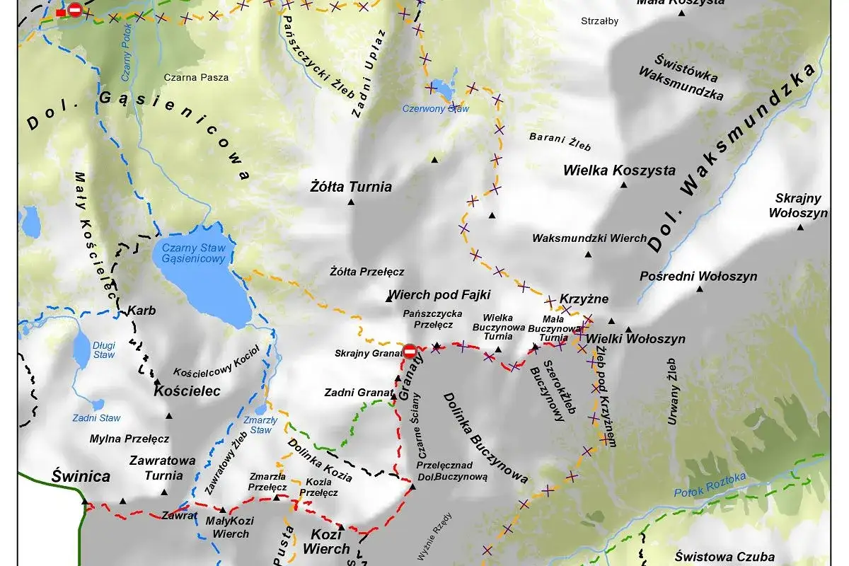 Mapa Tatr z zaznaczonymi szlakami, niektóre zamknięte szlaki Tatry (czerwone linie z krzyżykami) prowadzą przez Dol. Gąsienicową i Dol. Waksmundzką.
