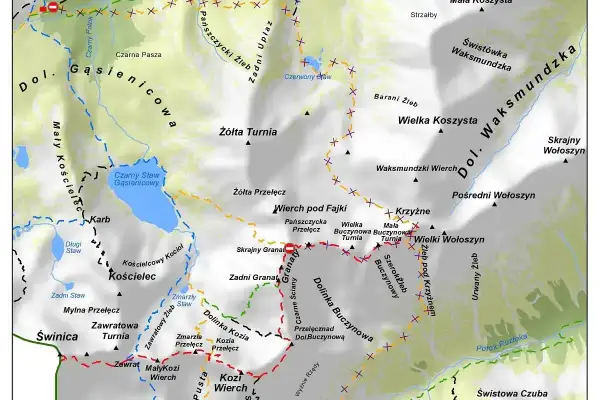 Mapa Tatr z zaznaczonymi szlakami. Niektóre szlaki są oznaczone jako **zamkniete szlaki Tatry** (czerwona linia z przekreślonym kółkiem).