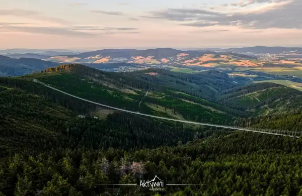 Długi, wiszący most w Czechach przecina gęsty las, łącząc dwa zbocza górskie. Widok zapiera dech w piersiach.