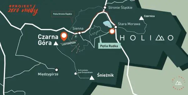 Mapa szlaku #PROJEKT zero nudy. Widoczna Czarna Góra, Śnieżnik, Stronie Śląskie, Międzygórze, Pętla Rudka i inne punkty.
