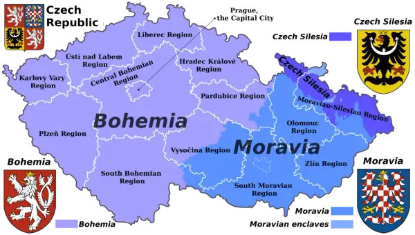 Mapa Czech z zaznaczonymi regionami. Gdzie jest Brno? W regionie Morawii Południowej, na wschód od Czech.
