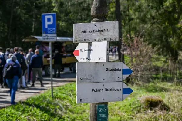 Znaki szlaku turystycznego w Tatrach. Czarny szlak co oznacza? Tutaj wskazuje drogę do Palenicy Białczańskiej, Morskiego Oka, Zazadniej i Polany Rusinowej.