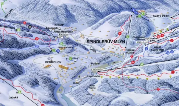 Mapa zimowych atrakcji Szpindlerowy Młyn: trasy narciarskie, wyciągi, hotele, aquapark i restauracje.