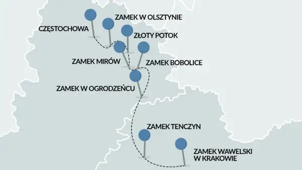 Mapa turystyczna z zaznaczonymi zamkami na Szlaku Orlich Gniazd: Częstochowa, Olsztyn, Złoty Potok, Mirów, Bobolice, Ogrodzieniec, Tenczyn, Wawel w Krakowie.